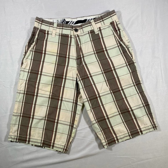 Volcom Stone Shorts Men 28 Brown Cream Light Blue Plaid Chino - Picture 1 of 9